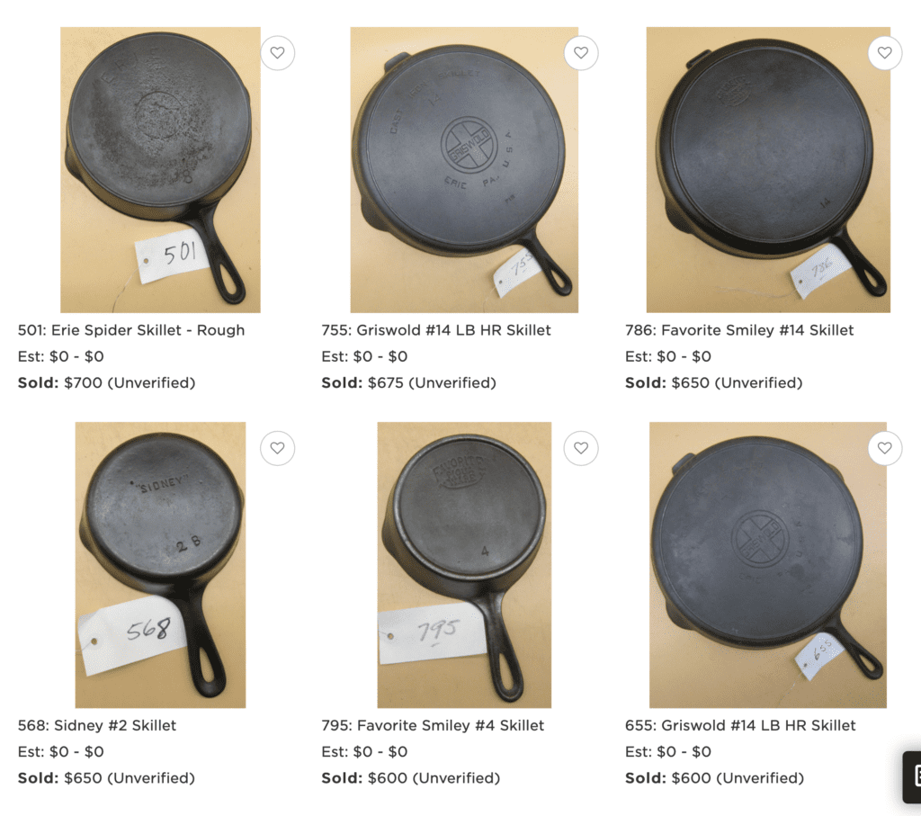 price value cost how much vintage antique cast iron cookware sold for 2022 erie spider griswold skillet 14 large block logo heat ring favorite piqua ware smiley sidney wagner 2 all in one dinner separated iron mountain oval plated silver 