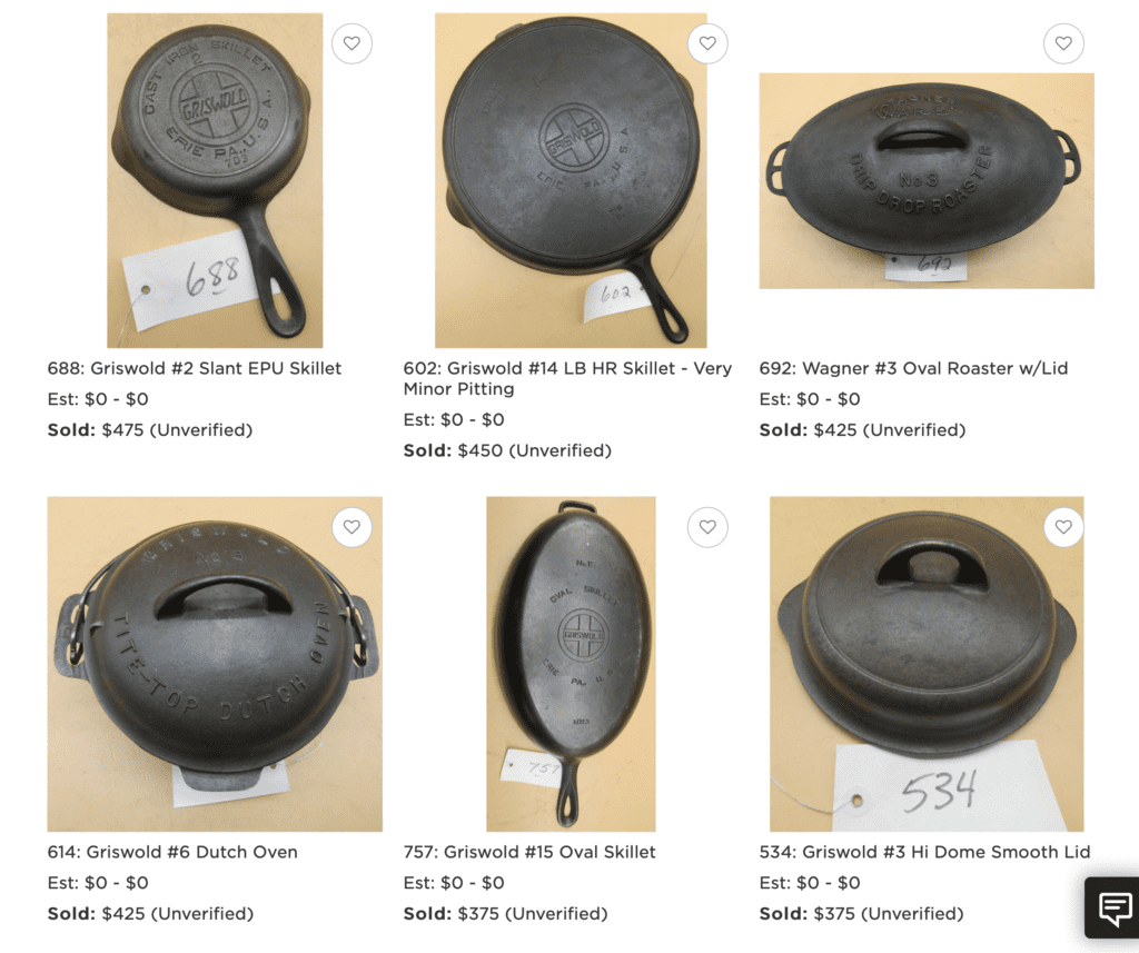 prices paid cost value of vintage and antique cast iron pans cookware at auction in 2022, griswold, wagner oval roaster, skillet pan frying fry lid cover oval fish Dutch oven 