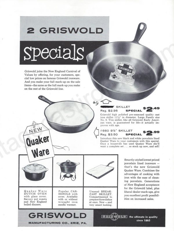 Vintage advertisement for Griswold cast iron skillets. From Ladies