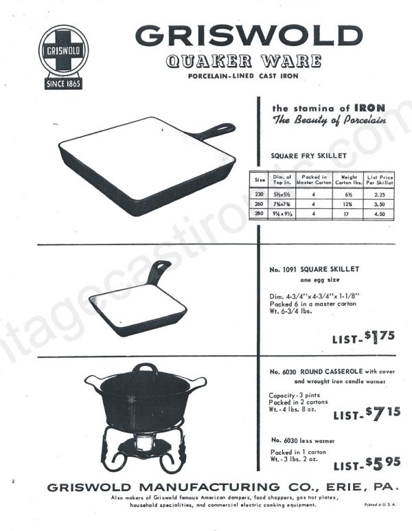Griswold Quaker Ware antique vintage cast iron skillet pan fry frying  line black iron white porcelain enamel interior advertisement ads retail original prices round casserole square fry 