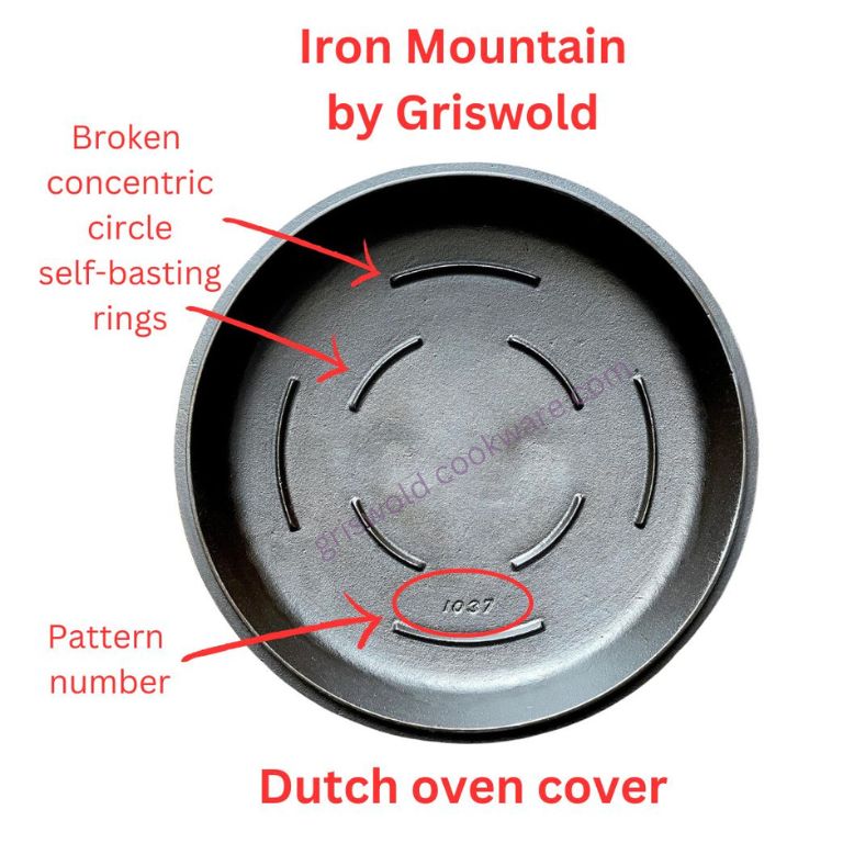 Photo of vintage Iron Mountain by Griswold cast iron lid cover showing identifying characteristics including pattern number and broken concentric circle self-basting rings. 