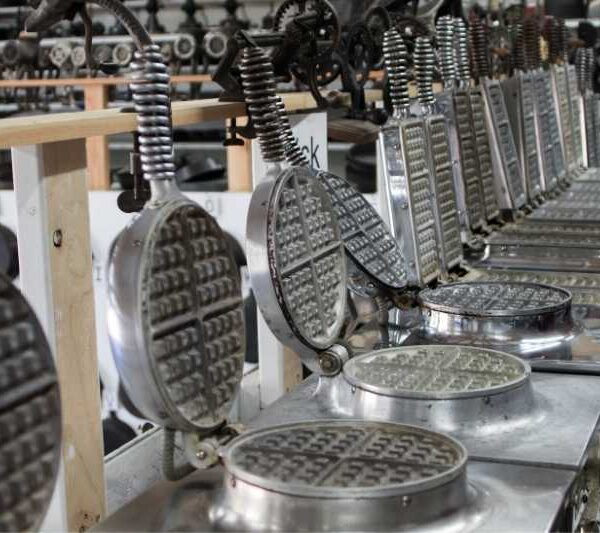 Collection of vintage electric waffle irons in the O'Neil cast iron museum