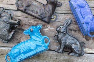 Vintage Griswold cast iron cake molds from the collection of Marg and Larry O'Neil. Lamb rabbit