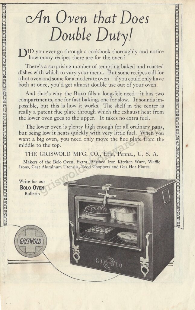antique advertisement for Griswold BO LO bolo oven with four different foods being cooked in it, 