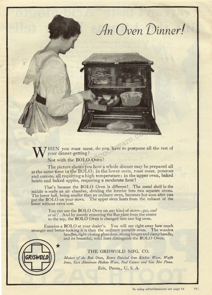 old antique advertisment from the Griswold Mfg. Co. of Erie, PA for the BOLO oven showing a homemaker cooking four different foods in the stove. 