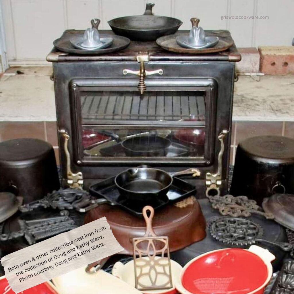 Griswold BOLO oven surrounded by vintage and antique Griswold cast iron cookware lids square skillet pan Dutch oven kettle and trivets, ashtrays, and red enameled pieces. 