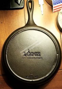 John Clough collection Lodge cast iron vintage small or drop circle egg in skillet logo trademark chicken fryer pan 
