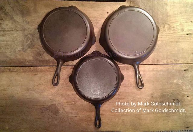 Set of three Rare Lodge 3 pour spout antique vintage cast iron skillets, two have one notch heat ring and one is a no notch heat ring. 