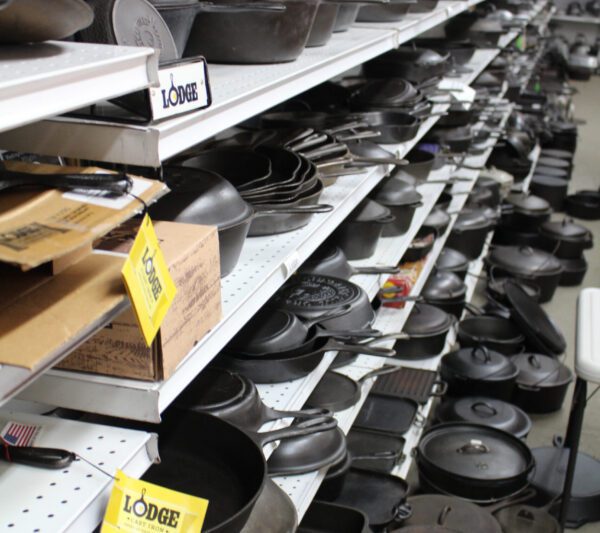 Some of the Lodge cast iron cookware skillets pans in the O'Neil cast iron museum.