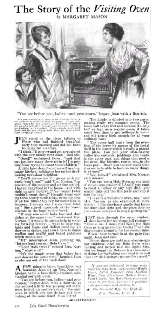 Antique story advertisement from 1919 Good Housekeeping Griswold bolo oven big little cook multiple foods at once gas oil coal stoves