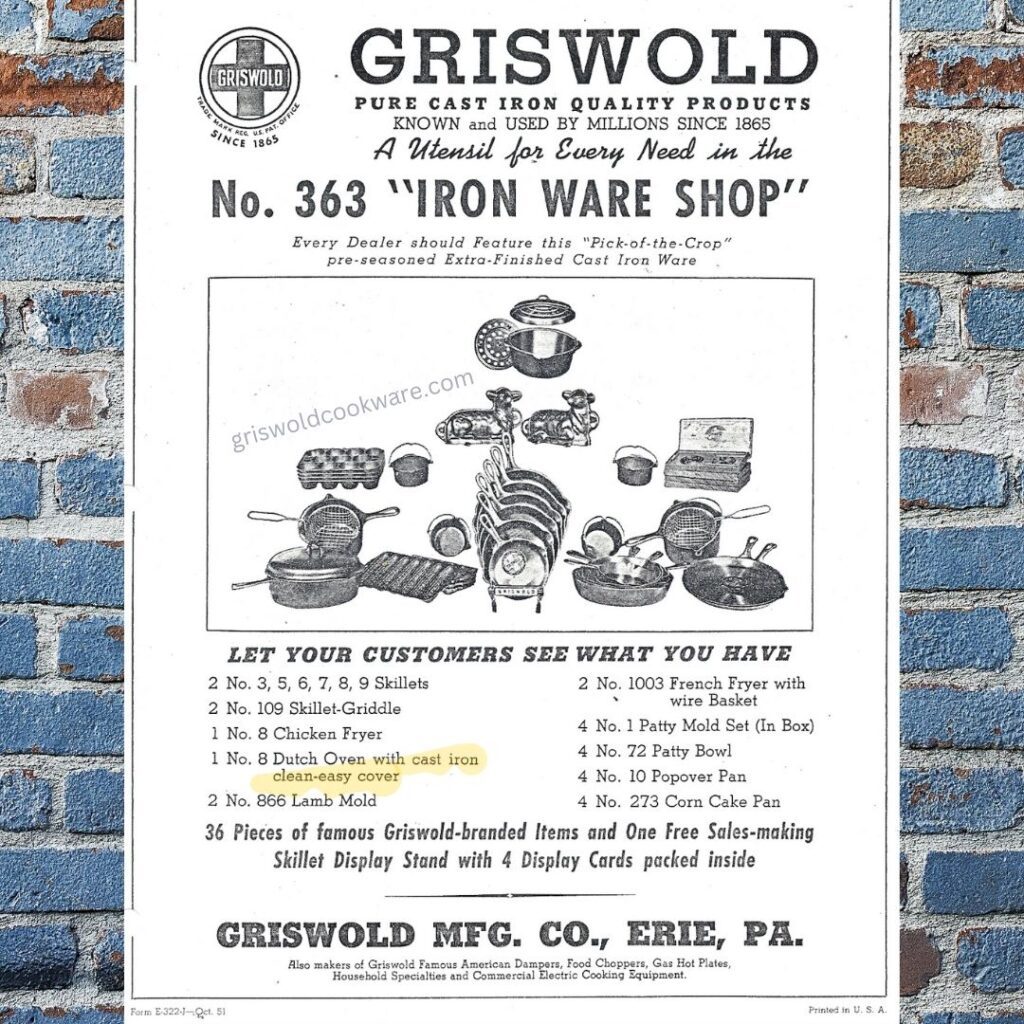 old retailer ad advertisement cookware griswold vintage cast iron dutch oven cover lid small logo 8 clean easy self basting 1098 trivet stand display skillet chicken fryer skillet griddle 109 866 lamb mold 1003 french fryer with wire basket patty mold set bowl popover pan corn cake