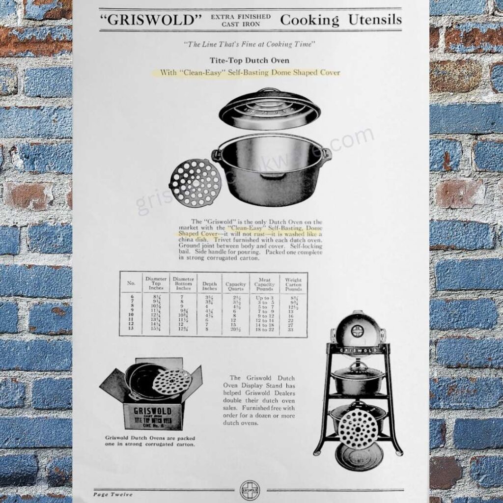 old retailer ad advertisement cookware griswold vintage cast iron dutch oven cover lid small logo 8 clean easy self basting 1098 trivet stand display