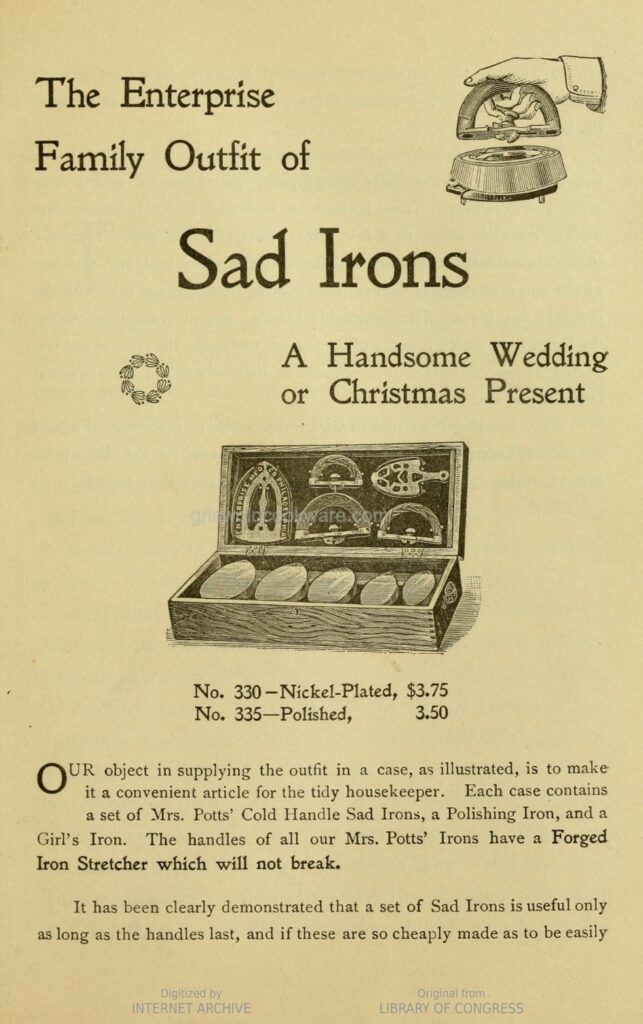 Advertisment showing set of Enterprise sad irons.