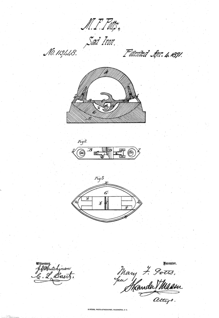 1871 Patent for Mary Potts sad iron. 