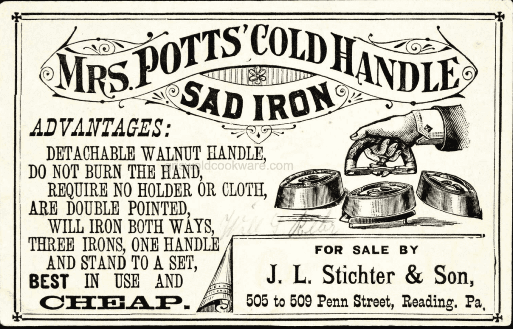 Antique vintage Victorian trading card for Mrs Potts sad iron. J. L. Stichter & Son, PA. 