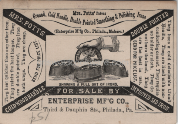 Antique vintage Victorian trading card for Mrs Potts sad iron. Enterprise Mfg Co