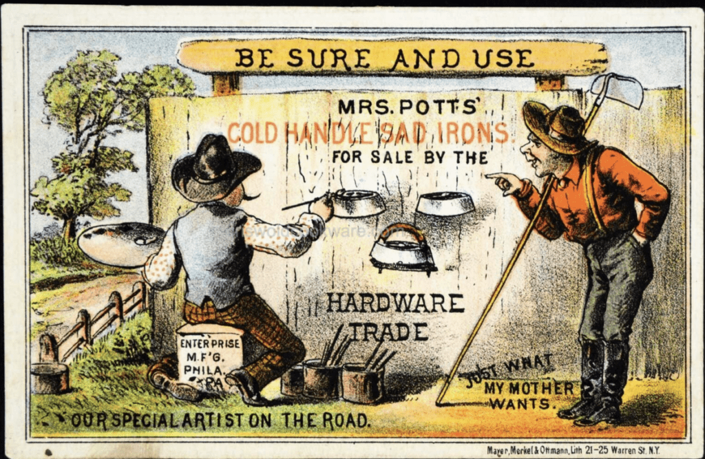 Antique vintage Victorian trading card for Mrs Potts sad iron. 