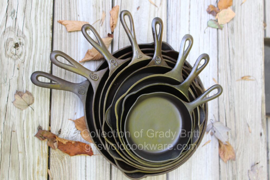 Set of old antique vintage Lodge cast iron skillets from the collecton of Grady Britt. 