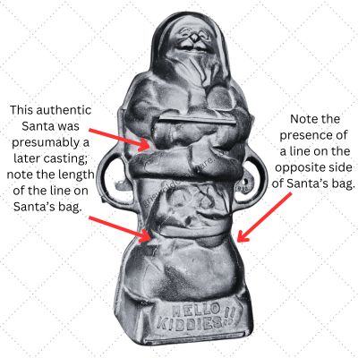 Photo of authentic Griswold cast iron Santa cake mold showing lines on both sides of Santa's bag. 