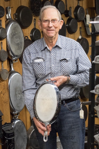Larry showing us a rare Griswold 13-1/2 chromed fish skillet.