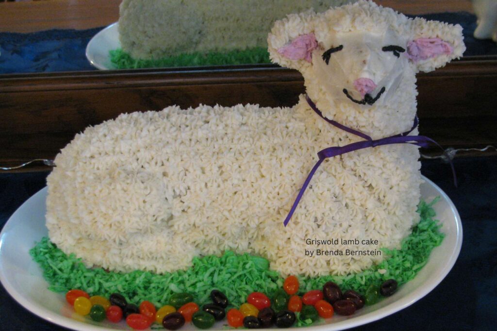 Frosted Griswold lamb cake made in vintage cast iron cake mold. 