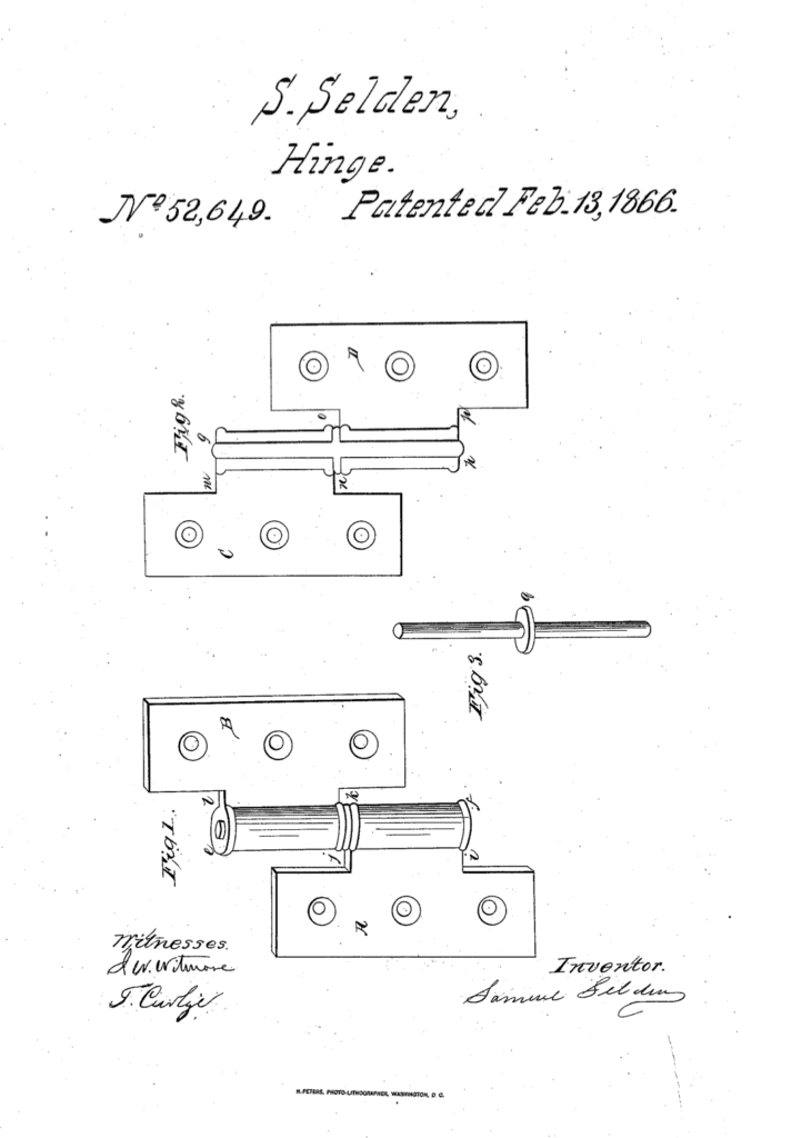 patent drawing for separable butt hinge inventor Samuel Selden