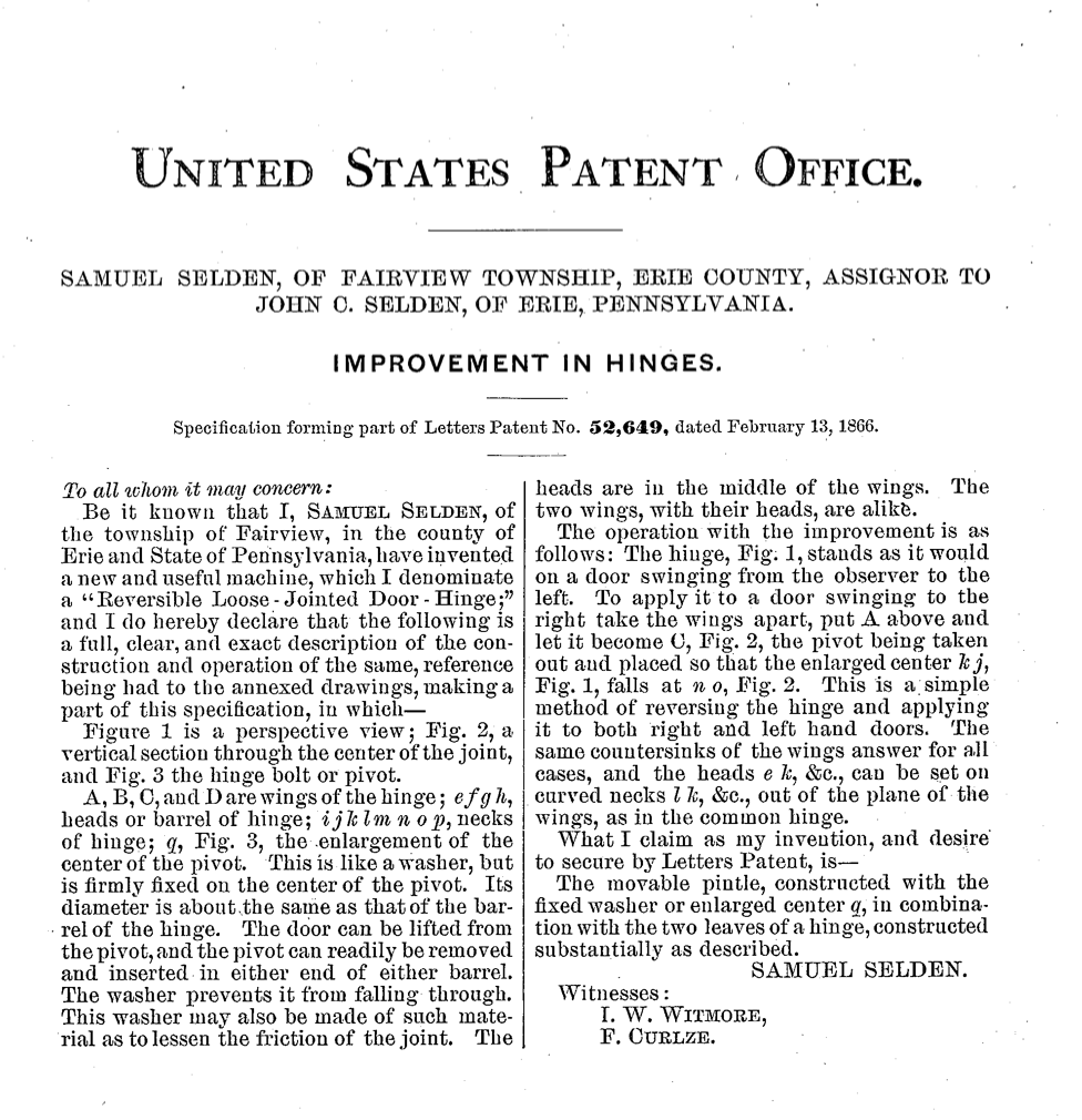 Application for patent in 1866 for separable butt hinge by Samuel Selden.