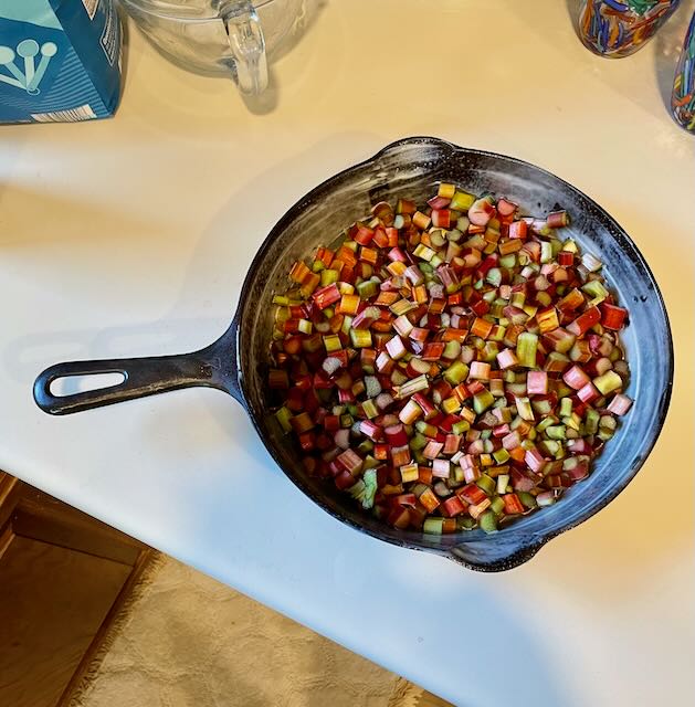 chopped rhubarb in vintage Griswold cast iron skillet