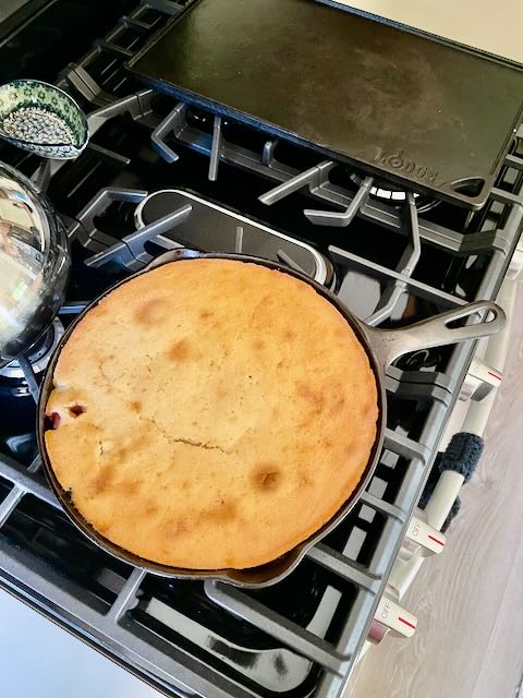 rhubarb cake in griswold cast iron skillet
