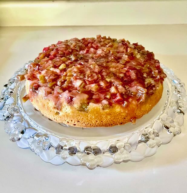 rhubarb upside down cake made in a vintage Griswold cast iron skillet. 