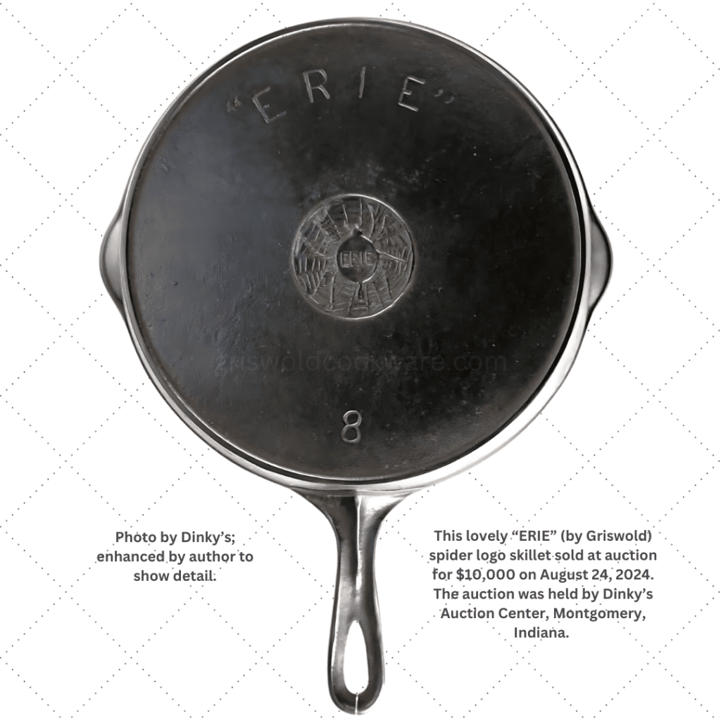 Antique Griswold "ERIE" spider in web logo cast iron skillet that sold at an August 2024 skillet for $10,000. 