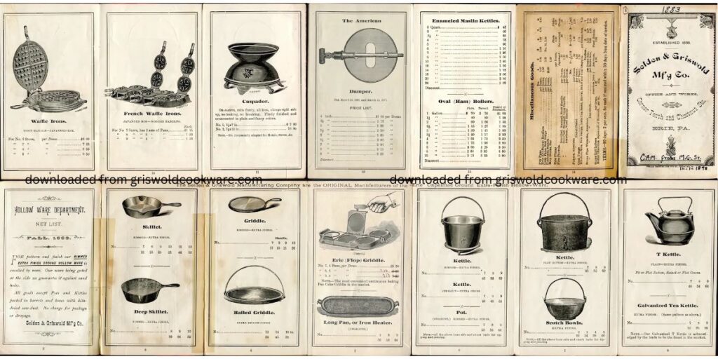 1883 fold-out brochure from the Selden & Griswold Mfg. Co. showing product line including waffle irons, cuspidor, dampers, kettles, tea kettles, scotch bowls, iron heater, flop griddle, skillet and deep skillet.