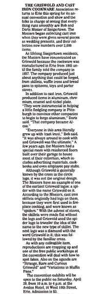 Article about Griswold and Cast Iron Cookware Association and Doris and Bob Mosier from the Erie Times News, April 2, 1995. 