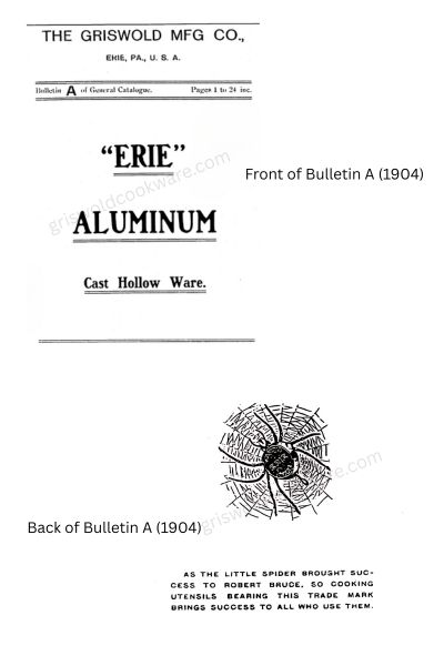 Griswold 1904 Bulletin A of General Catalog front page and back page, which shows the Griswold spider logo and references King Robert Bruce of Scotland.