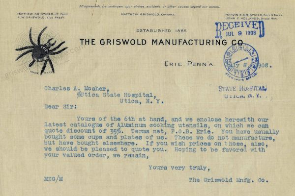 1908 letter on Griswold letterhead bearing the ERIE spider trademark, Matthew Griswold Jr President, RW Griswold Vice President.