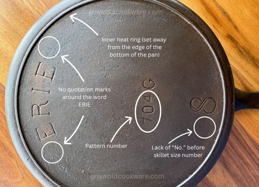 Griswold-made ERIE number 8 skillet, series 6, marked up to show the characteristics that make it a series 6 pan. 