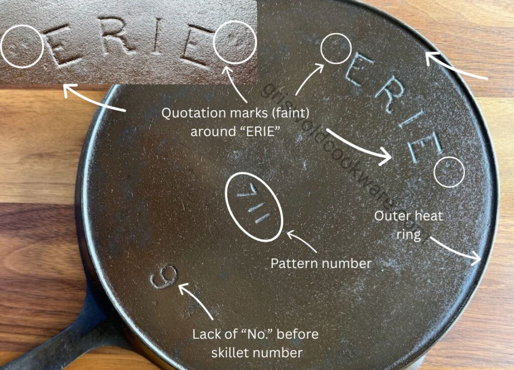 Griswold-made ERIE cast iron skillet number 9, marked up to show the characteristics that make it a series 3 skillet made between 1892 and 1905. 