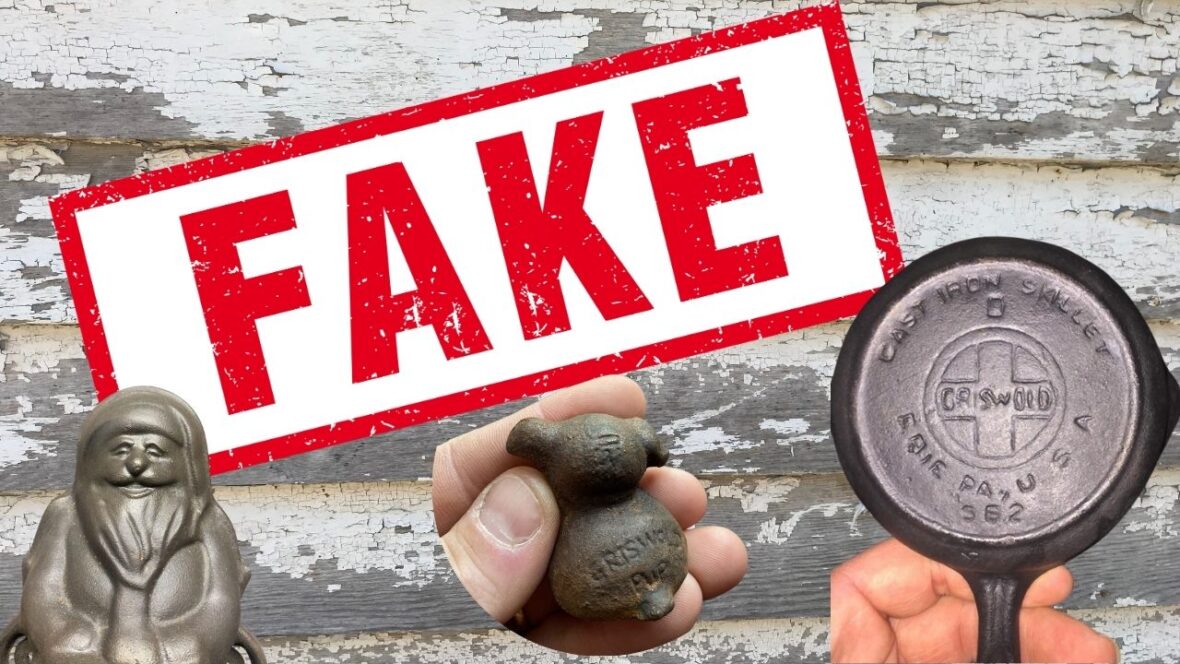 Photo stating FAKE and showing reproduction Griswold Santa cake mold, pup, and skillet no. 0.