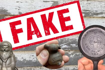 Photo stating FAKE and showing reproduction Griswold Santa cake mold, pup, and skillet no. 0.