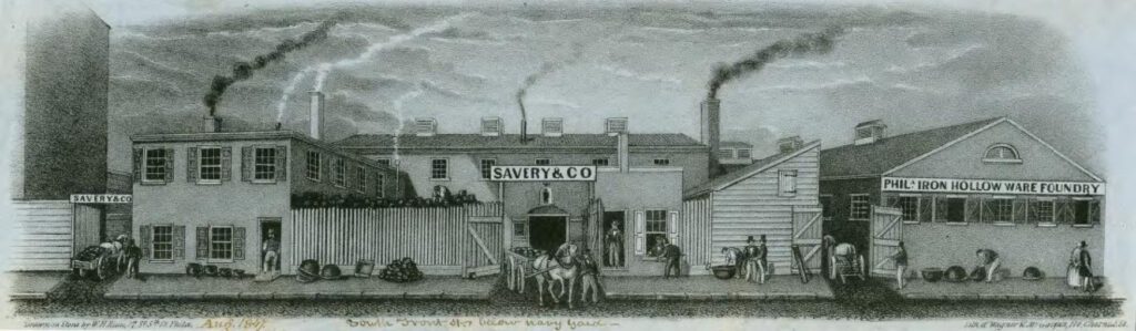 Savery & Company Iron Hollow Ware Foundry, Philadelphia. Drawn on stone in 1847 by W.H. Rease. From the Library of Congress. 