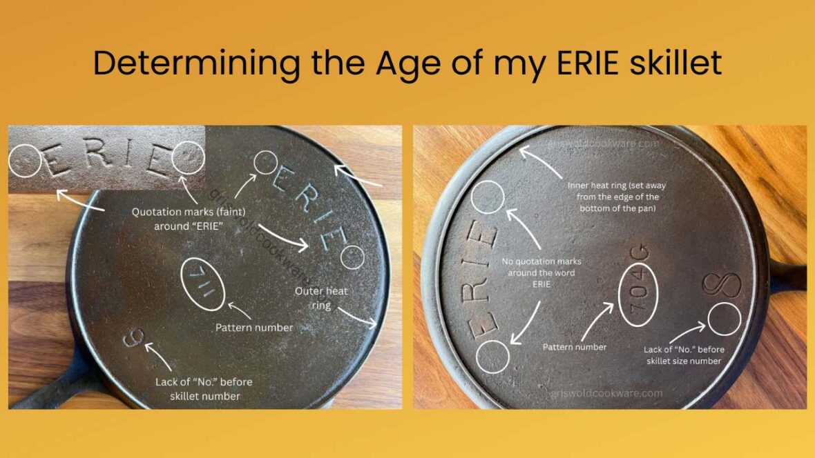 Marked-up ERIE skillets numbers 8 and 9 showing the characteristics that place each within a certain series, which enables setting the date of manufacture.