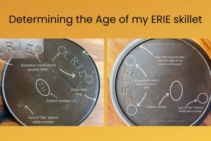 Marked-up ERIE skillets numbers 8 and 9 showing the characteristics that place each within a certain series, which enables setting the date of manufacture.