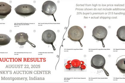 Auction results cover page from Ausut 22, 2025 cast iron collector's auction in Montgomery Indiana. Shows top prices realized.