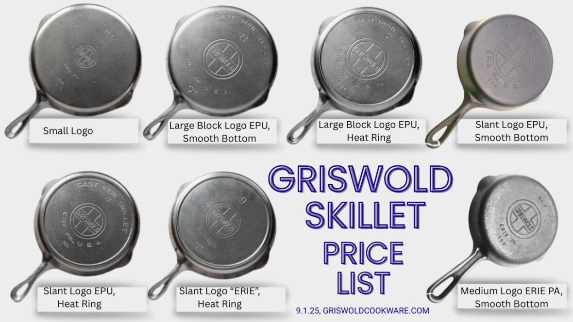 Seven different Griswold skillets showing the different logos and defining characteristics.