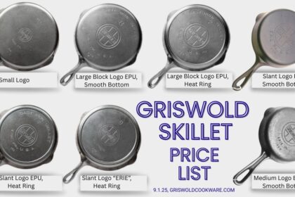 Seven different Griswold skillets showing the different logos and defining characteristics.