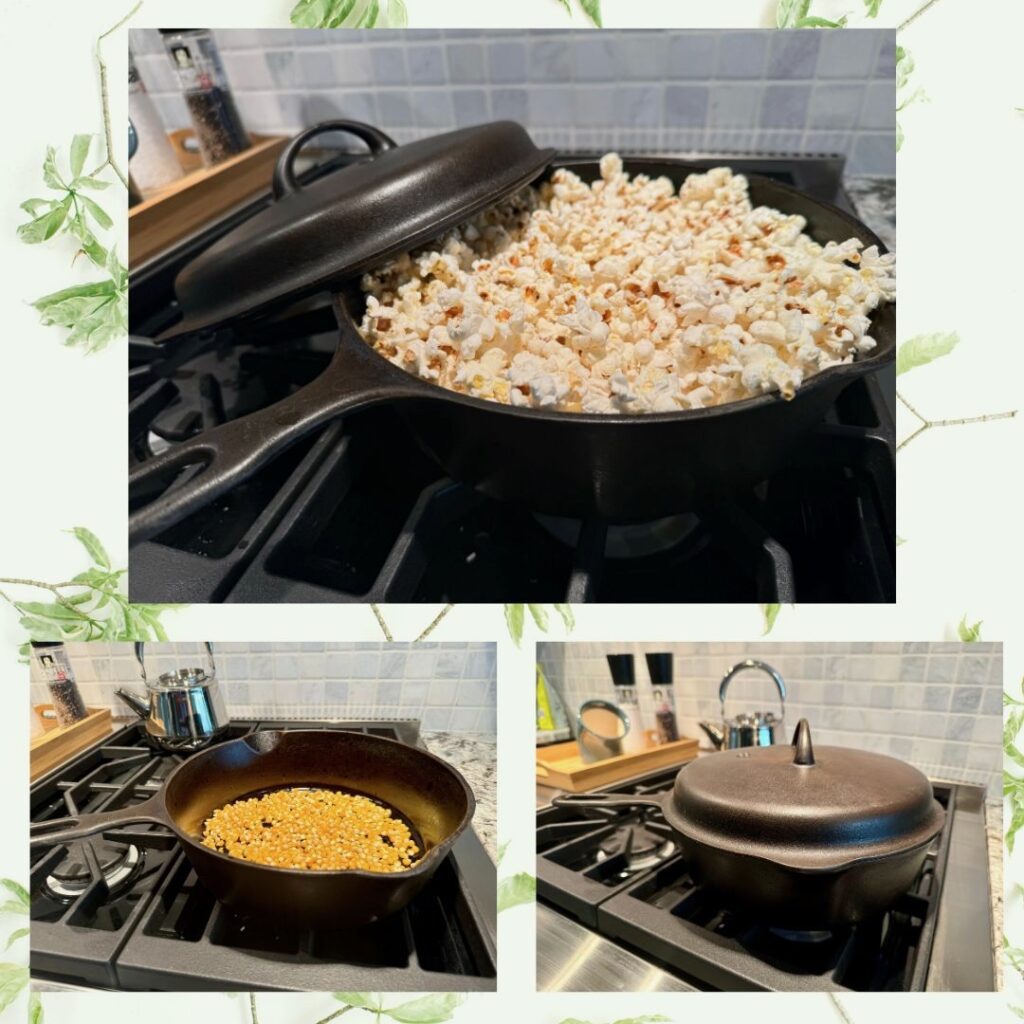 3 photos showing popcorn and popcorn kernels in my Iron Mountain (by Griswold) chicken pan. Lid also shown. 