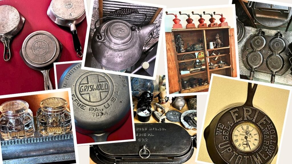 Some of the favotie pieces of casts iron from the collection of Gary Taylor including Griswold number 1 skillet, spider teakettle, cast iron coffee grinders and cake molds, hotel waffle iron, ink well, rau brothers skillet, flop iron, erie up to time skillet clock. 
