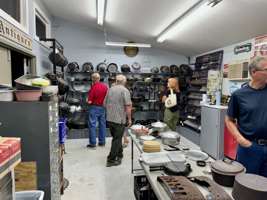 Doug Wenz's workshop, showing part of the Wenz vintage and antique cast iron collection. 