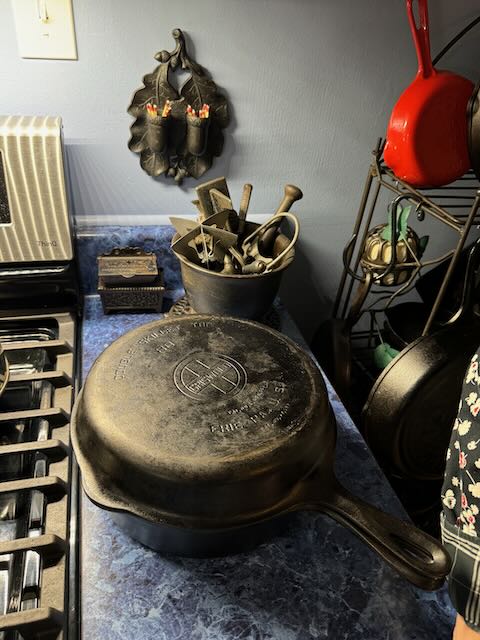 Vintage Griswold double skillet cast iron set on display in the kitchen of Doug and Kathy Wenz. 