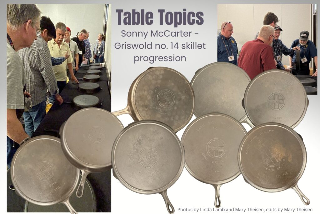 Sonny McCarter showing the time progression of Griswold numer 14 cast iron skillets at the cast iron convention. 